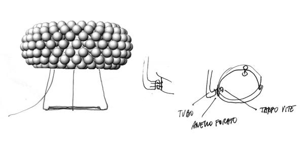 Boceto de la lámpara Caboche, diseñada por Patricia Urquiola y Eliana Gerotto, Foscarini 2006.