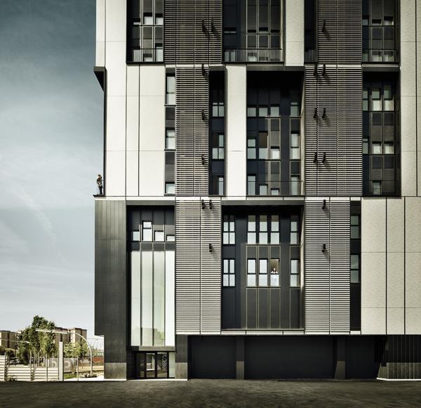 Detail of the façade of the Plaça Europa Tour building (Barcelona), Roldán + Berengué Arquitectes, 2010.