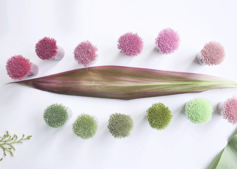 Diversas flores de tono cromático similar a juego con la lana teñida para tejer la alfombra, The Tropicals, The Rug Makers and Outofstock, 2016