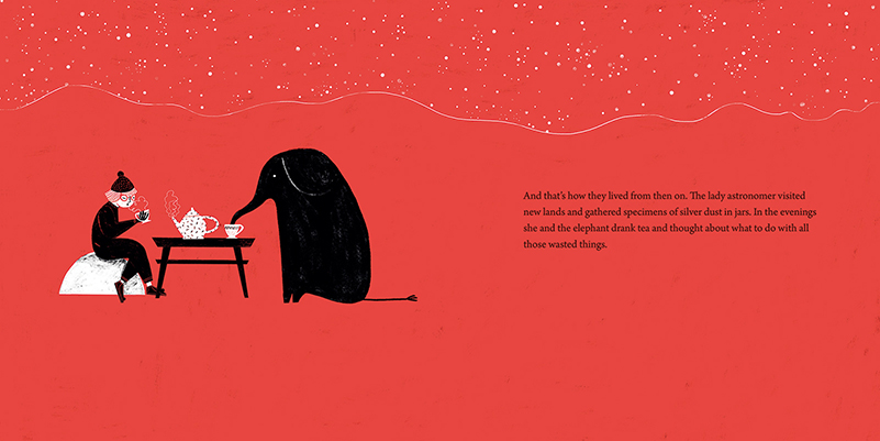 Elephant on the moon, un cuento ilustrado por Sosia Herba y Mikołaj Pasiński