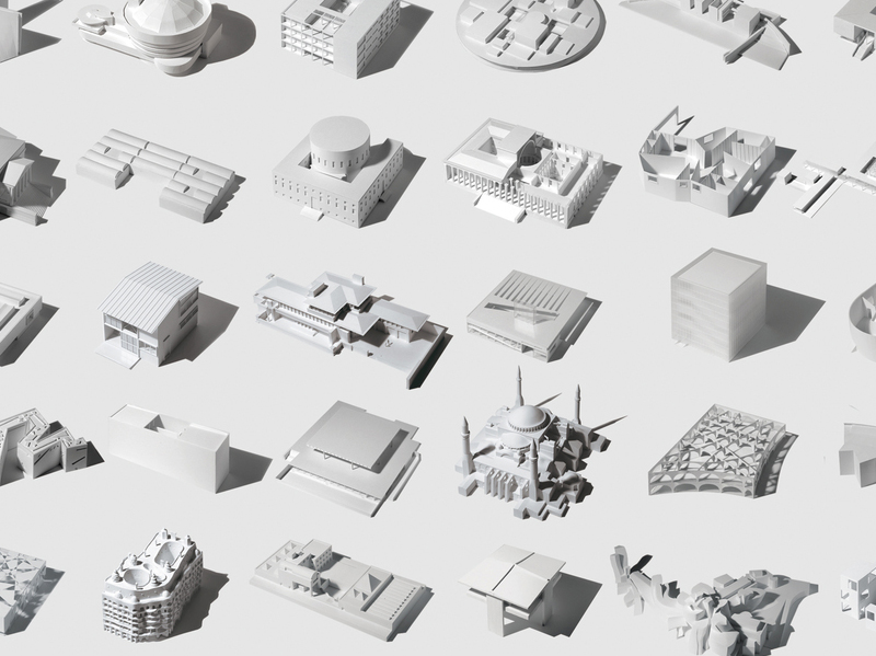 35 iconos de la arquitectura en un modelo tridimensional, de Fumio Matsumoto