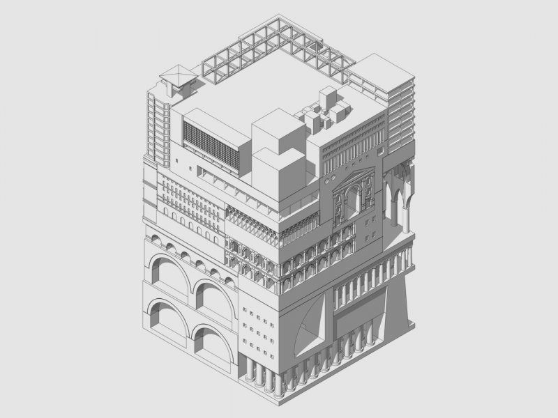 35 iconos de la arquitectura en un modelo tridimensional, de Fumio Matsumoto