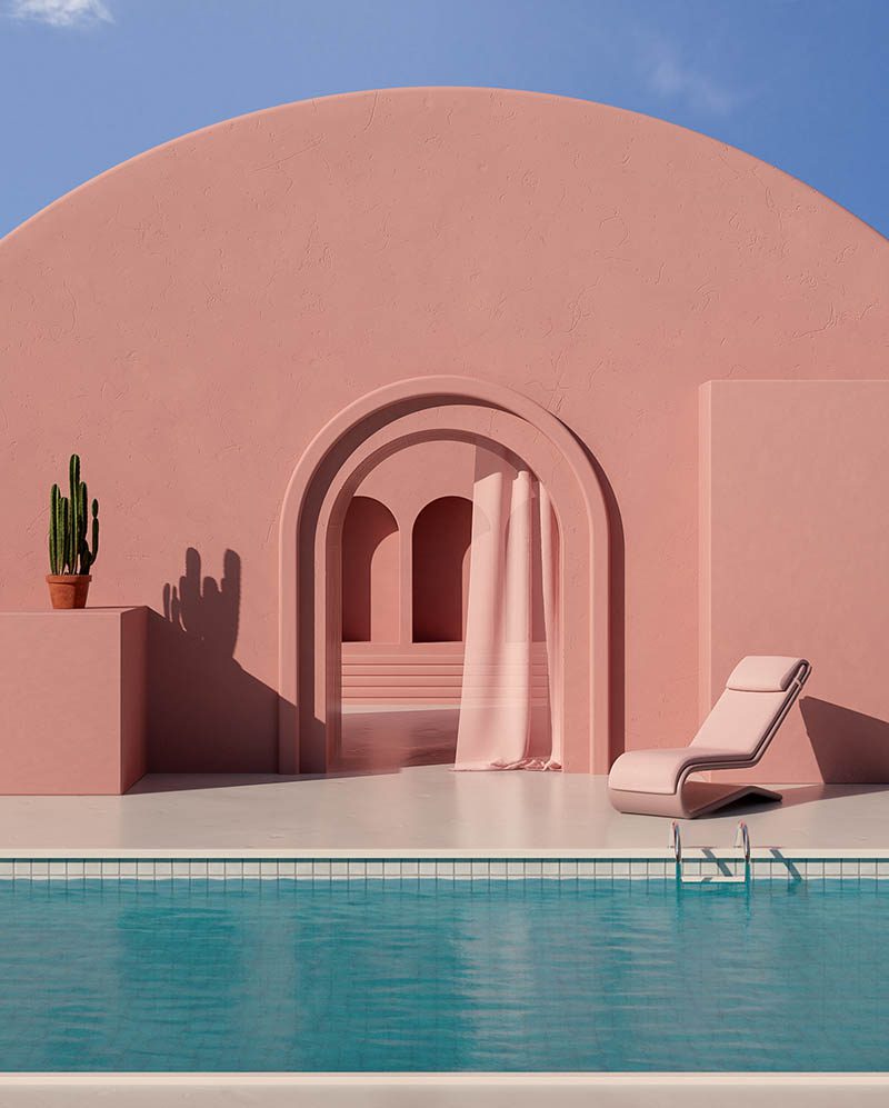 Summer in Spain, diseño arquitectónico 3D de Simon Kämpfer. Surrealismo mediterráneo