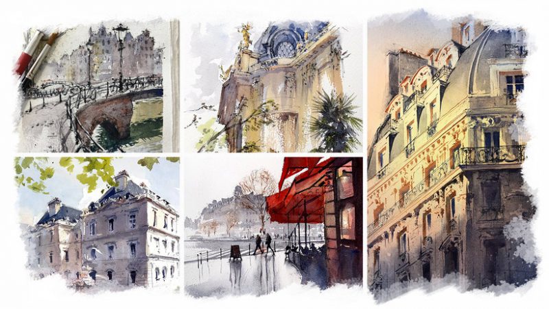 Dibujo arquitectónico con acuarela y tinta