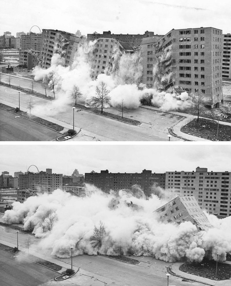 La segunda voladura de bloques de viviendas en Pruitt Igoe en abril de 1972 fue transmitida por televisión. US Department of Housing and Urban Development. Dominio público.