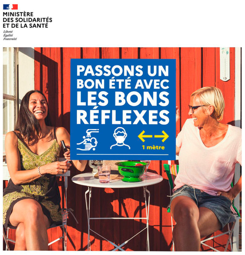 2. “Passon un bon été avec les bons réflexes” (Tengamos un buen verano con los reflejos adecuados), gráfica (impresa y digital) sobre la distancia social y el Sars-CoV-2  en Franciq, 2020. Ministère des Solidarités et de la Santé. Dominio público. 