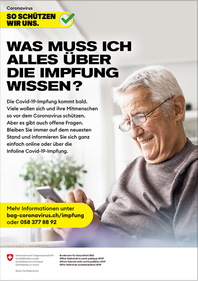 3. “Was muss ich alles über die impfung wissen?” (¿Qué necesito saber sobre la vacunación?), gráfica (impresa y digital) sobre la vacunación de Covid 19 en la Confederación Helvética, 2020. Bundesamt für Gesundheit (Oficina Federal para la Salud Pública). Dominio público,