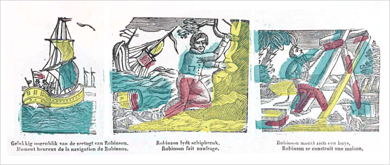 Geschiedenis van Robinson Crusoé. Xilografía con escenas de la historia de Robinson Crusoe varado en una isla, con leyendas en neerlandés y francés. Glenisson & Zonen, hacia 1840. Rijksmuseum. Dominio público.