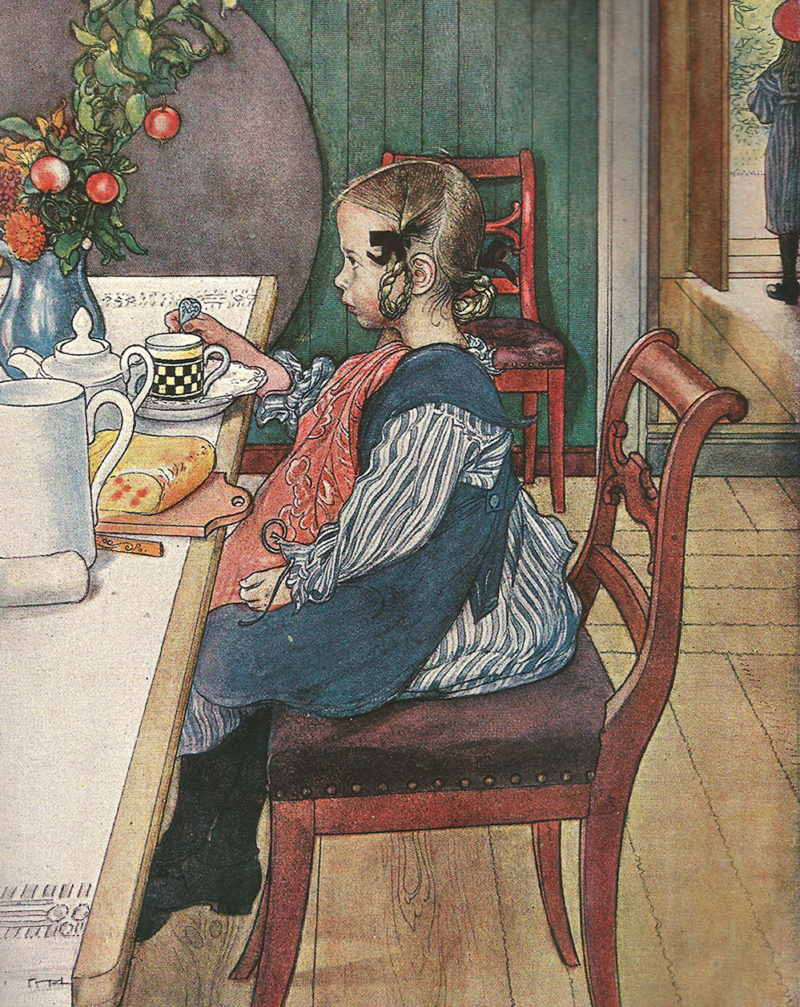 Carl Larsson. Das Frühstück der Siebenschlaëfrin (fragmento, 1897), en Die Haus in der Sonne. Langewiesche Verlag. Düsseldorf, 1909. Dominio público.