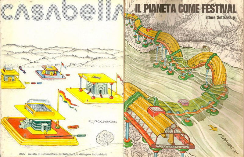 Dibujos, proyectos de Sottsass Ettore  en el  artículo “Il Planeta come Festival”  revista Casabella  1972